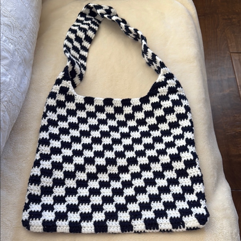 Hand crocheted dark blue and White Checkered Women's Bag